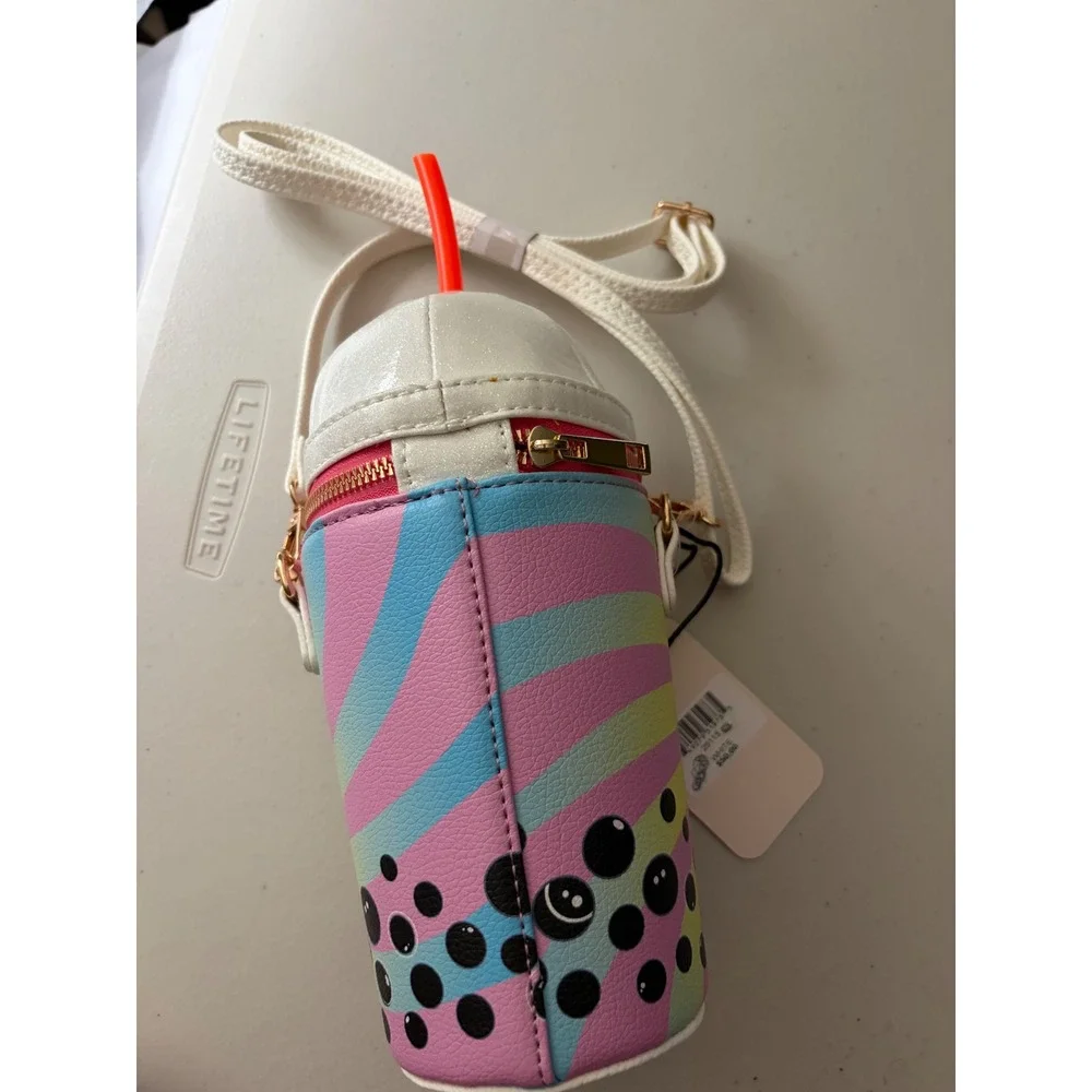Mon Cheri NYC Cherry Bubble Tea Crossbody Bag Novelty Boba Cup Purse White Pink